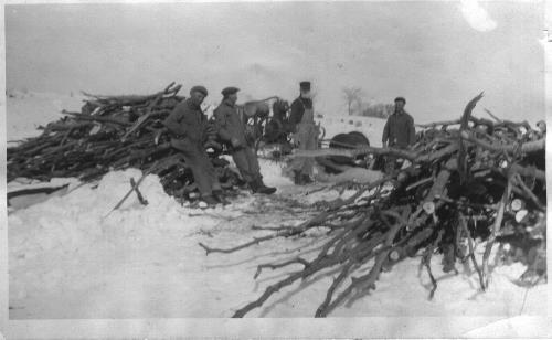Cutting wood on Paul & Appolonia (Heibel) Vogel's farm.  Located at 105 Pioneer Trail - circa late 1920's.