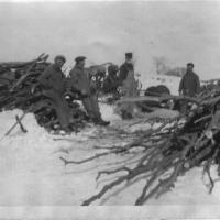 Cutting wood on Paul & Appolonia (Heibel) Vogel's farm.  Located at 105 Pioneer Trail - circa late 1920's.